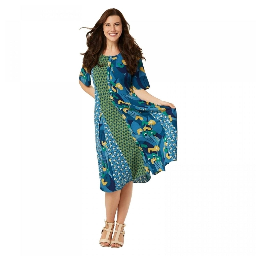 LOGO by Lori Goldstein Blue Green Casual Dress XL Mixed Print Floral Swing MIDI